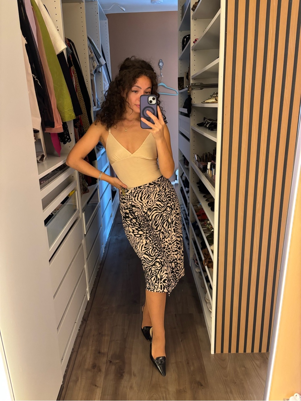 Anne Klein Beige and Black Zebra Midi Skirt